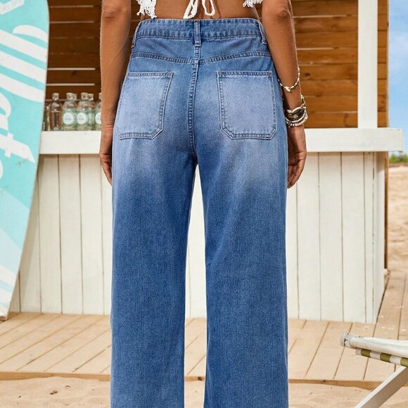 Medium Wash Casual Women's Loose Fitting Straight Leg Casual Blue Denim Jeans - Picture 3 of 5